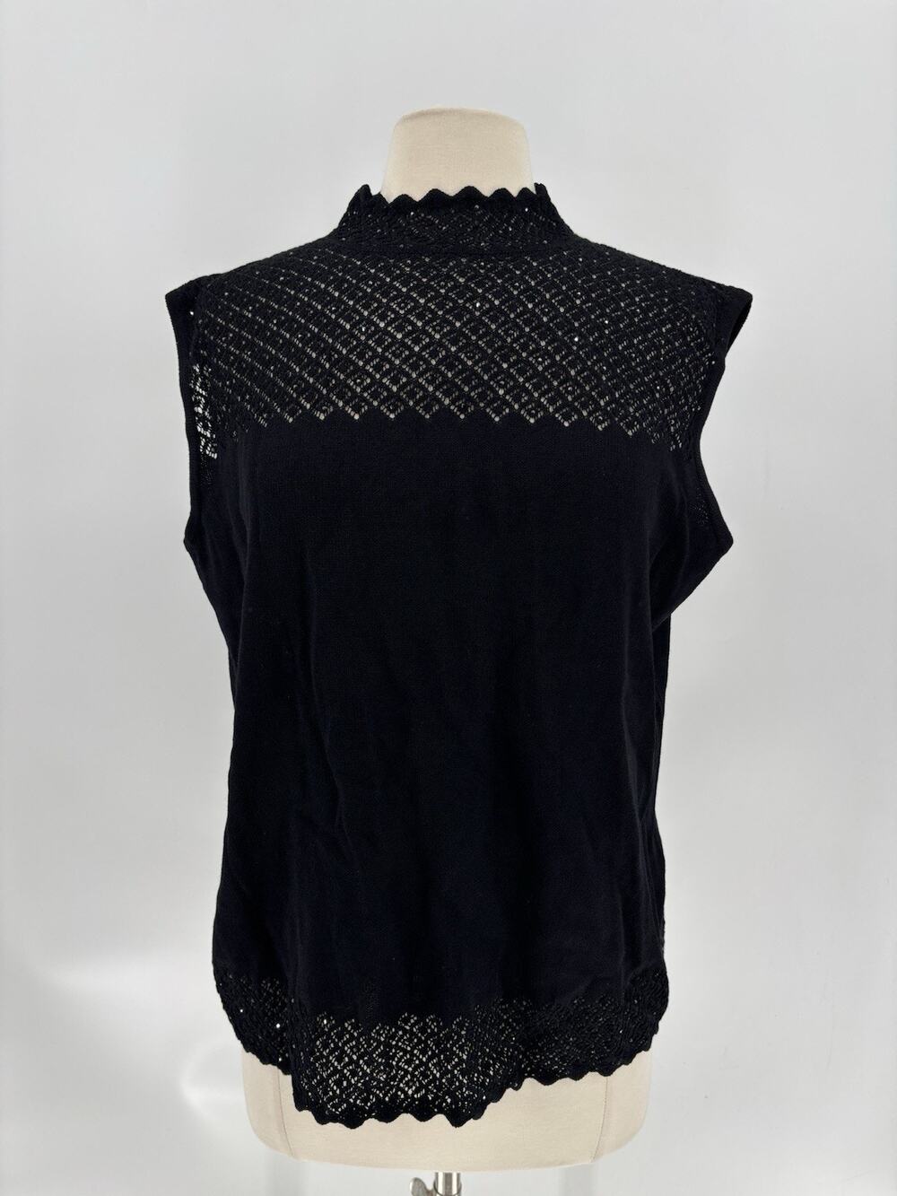 St John Evening Marie Gray Top L Black Lace Knit Rhinestone Jeweled Button